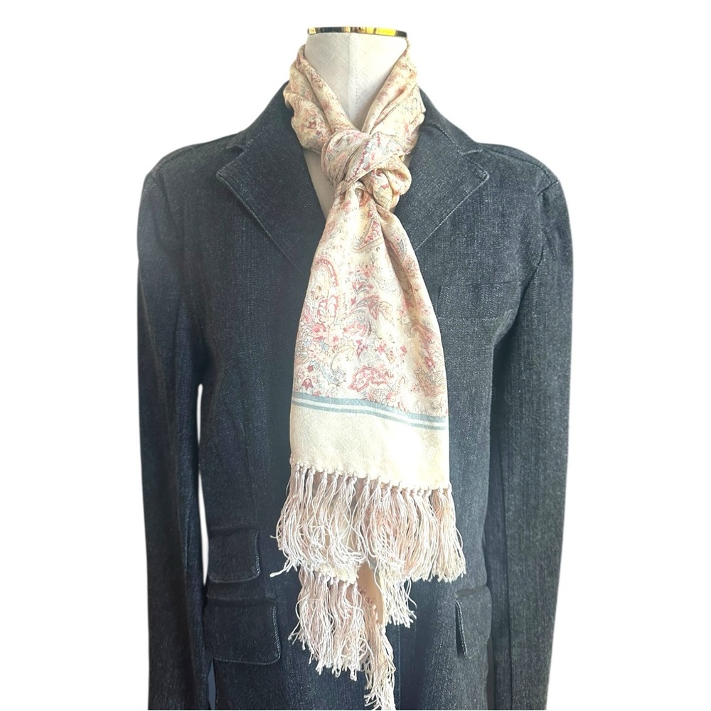 Ralph Lauren Polo 100% Silk Paisley Fringe Scarf Cream Pink Baby Blue Floral